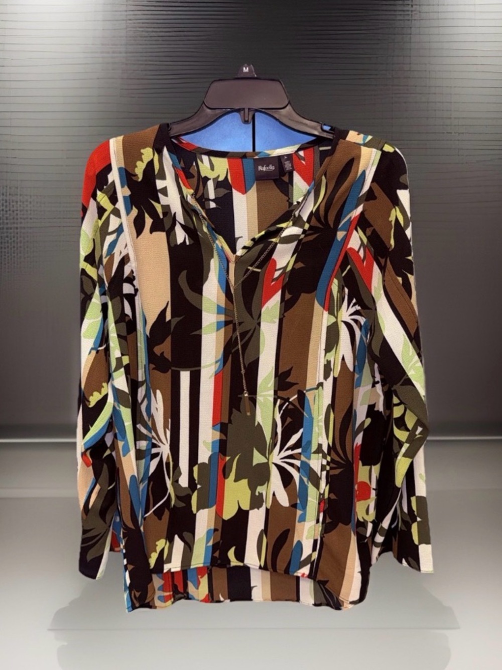 NwoT Rafaella Women’s Multicolor Striped Floral Long Sleeve Top w/Necklace-L-EC